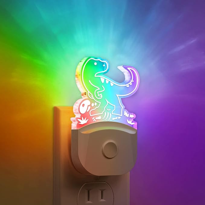 Dinosaur Night Light for Kids [2 Pack], 8 Color Changing Plug in Night Lights for Baby with Dusk to Dawn Sensor, Nightlight for Bathroom Decor, Children Room, Dinosaur Toys Gifts