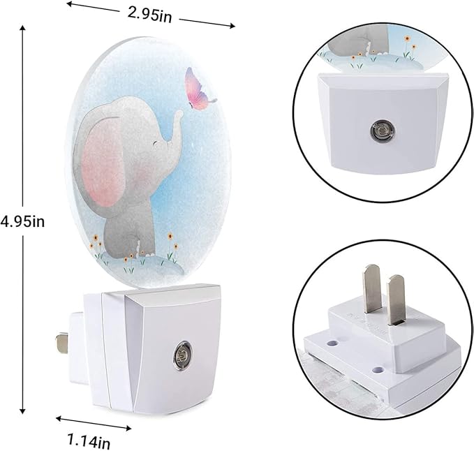 EKOBLA Watercolor Elephant Night Light Cute Little Elephant Play Butterfly Night Lights Plug into Wall with Dusk to Dawn Sensor Round LED Lamp for Girls Boys Nursery