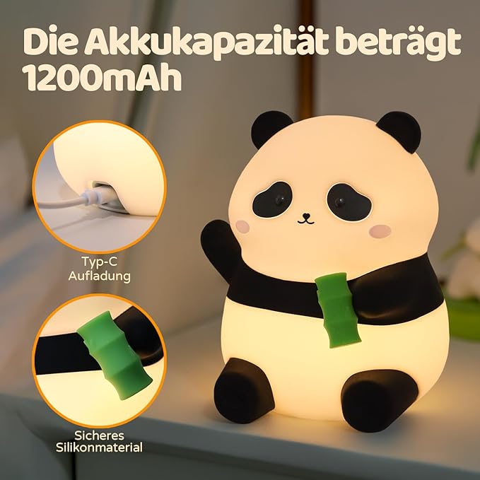 Cute Panda Silicone Night Light, LED Squishy Lamp with 12H/50H Long Battery Life, 2 Levels Brightness by Tap Control, Rechargeable Soft Light for, Kids Bedroom Decor & Gifts for Boys Girls