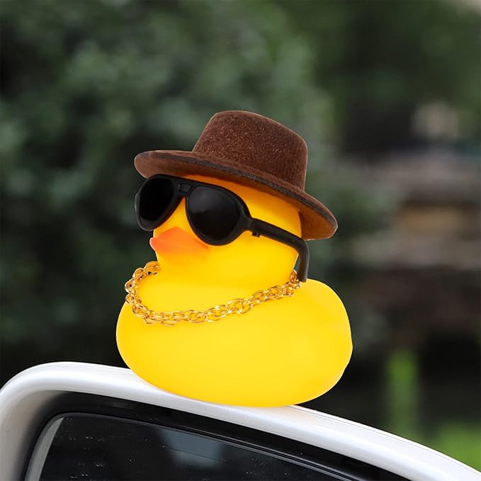 wonuu Car Rubber Duck, Yellow Duck Decoration Dashboard with Sun Hat Swim Ring Necklace Sunglasses for Car Dashboard Decorations