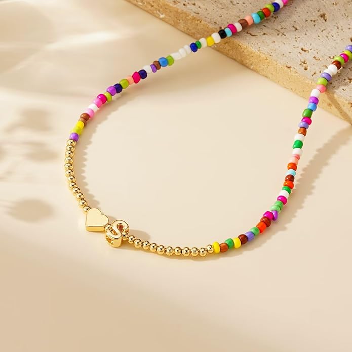 M MOOHAM Stocking Stuffers for Teen Girls Christmas Gifts - Heart Initial Necklaces for Women Kids Colorful Beaded Tiny Heart Initial Choker Necklace Jewelry for Teen Girls Trendy Birthday Gifts