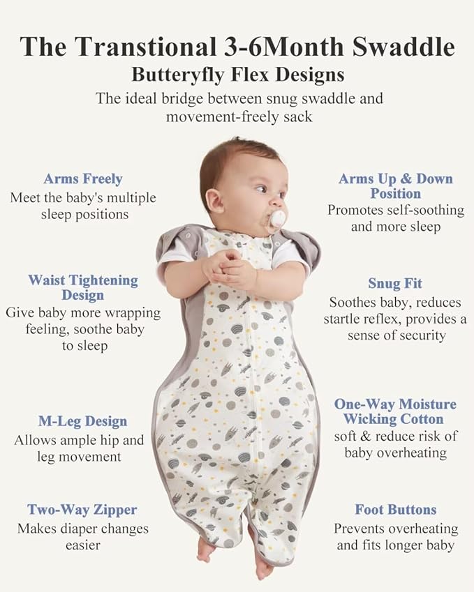 KIDIRA Transition Swaddle, Baby Swaddles 3-6 Months 12-18 lb, Swaddle Sleep Sack with 2-Way Zipper Moisture-Wicking Fabric,(Spaceships)