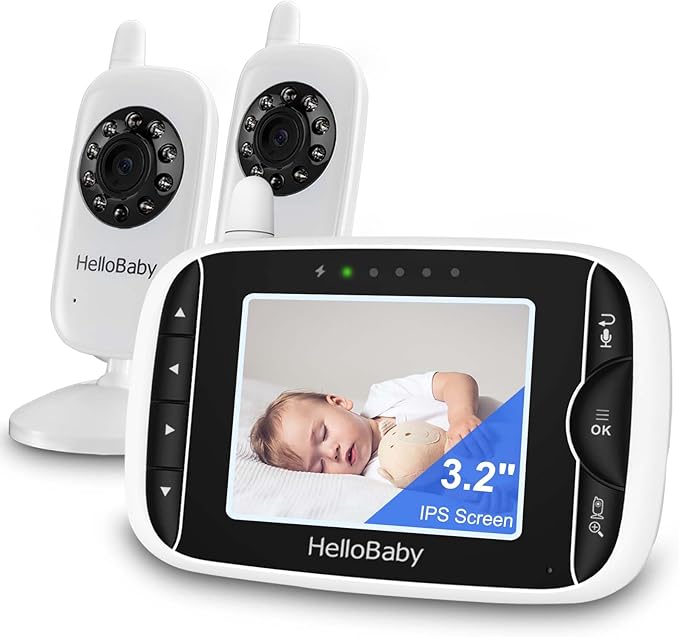HelloBaby Baby Monitor with 2 Cameras, Baby Monitor No WiFi, Night Vision, 2-Way Audio, Remote Pan & Tilt, 2X Zoom, ECO Mode, 8 Lullabies, Sound Activated Screen