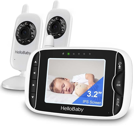 HelloBaby Baby Monitor with 2 Cameras, Baby Monitor No WiFi, Night Vision, 2-Way Audio, Remote Pan & Tilt, 2X Zoom, ECO Mode, 8 Lullabies, Sound Activated Screen