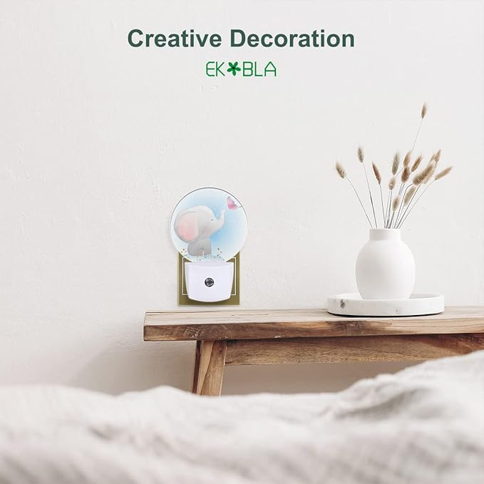 EKOBLA Watercolor Elephant Night Light Cute Little Elephant Play Butterfly Night Lights Plug into Wall with Dusk to Dawn Sensor Round LED Lamp for Girls Boys Nursery