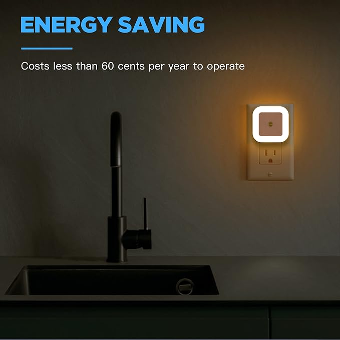 Dimmable LED Night Light with Dusk-to-Dawn Sensor for Nursery, Kids Room, Bedroom, Hallway, Stairs, Bathroom, Kitchen, Warm White, Pack of 4