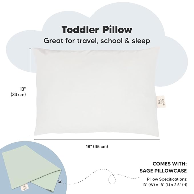 Toddler Pillow with Pillowcase - 13x18 My Little Dreamy Kids Travel Bed Pillows for Sleeping, Organic Cotton Small Pillowcase, Soft & Breathable, Machine Washable, Toddlers 2-5 Years Old (Sage)