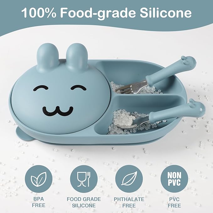 Silicone Baby Plate,Toddler plates,Self-feeding of infants after weaning, 100% Food Grade Silicone, BPA Free, Including Fork and Spoon, Baby Plates With Suction, Divided Plate for Babies(blue)