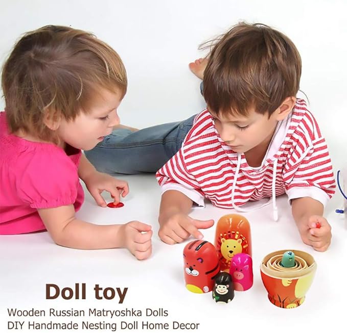 Tphon Russian Nesting Dolls Wooden Matryoshka Dolls for Kids Handmade Cute Cartoon Animals Pattern Nesting Doll Toy Stacking Doll Set of 5