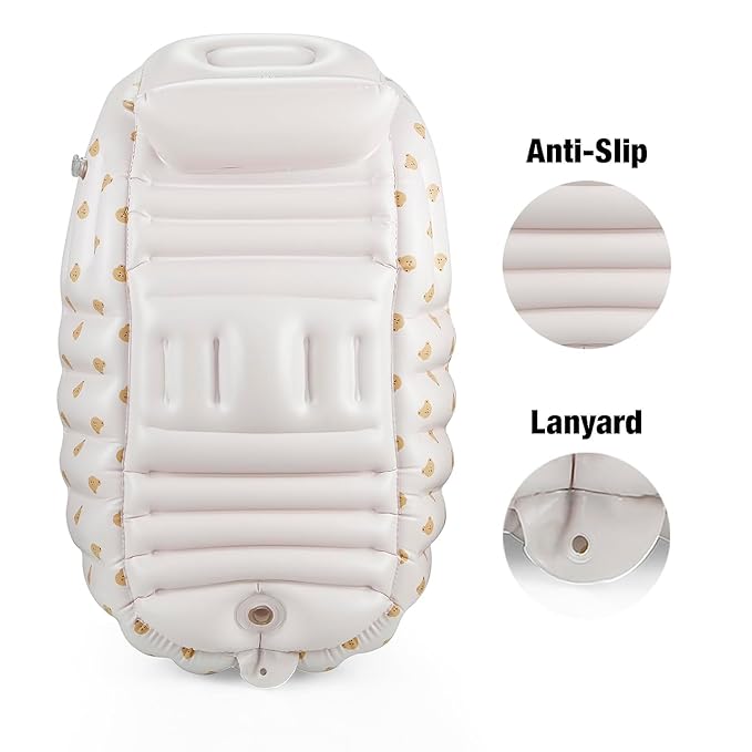 PandaEar Inflatable Bathtub for Toddlers, Collapsible Portable Bathtub for Kids Travel Baby Bathtub with Air Pump, Non-Slip Shower Basin（Bears White）