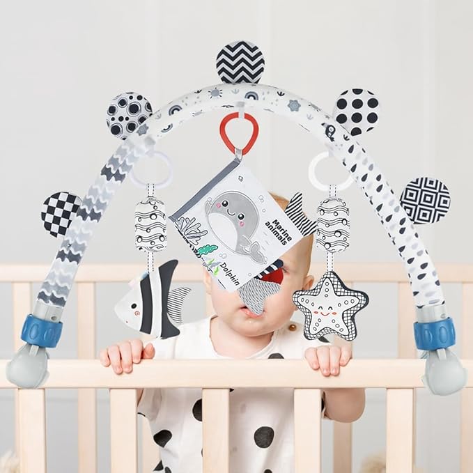 Baby Activity Travel Mobile Arch Bassinet Toy, Black and White High-Contrast Crib Toys, with Rattle and Book, Strolle,Pram and Crib Attachment with Hanging Toys (Ocean)
