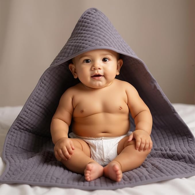 VitalCozy 6 Pcs Baby Muslin Hooded Bath Towels and Washcloths, 32 x 32 Inch Muslin Cotton Hooded Baby Towels Absorbent Blankets for Gift Newborn Infant Shower(Green, Gray)