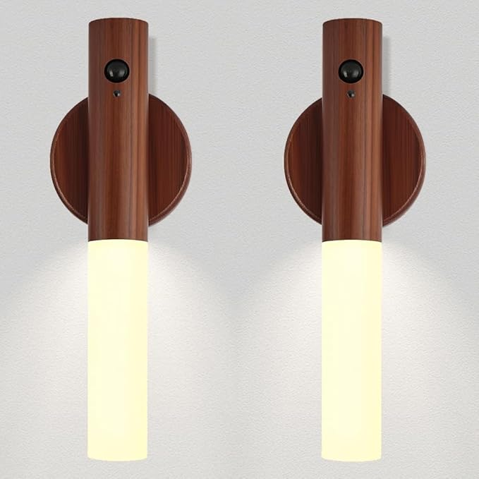 LANDGOO LED Nursery Night Light, Body Motion Sensor Nursing Lamp, Rechargeable Battery Powered Magnetic 360° Portable Lighting for Bedroom Bathroom, Walnut Wood 2Pcs