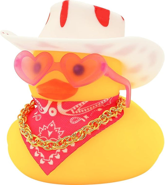 Quackly Pink Cowboy Rubber Duck, Car Dashboard Decoration Ducks with Cowboy Hat Necklace Sunglasses, White