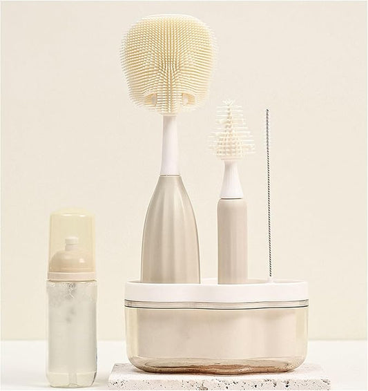 Baby Bottle Brush Kit with Push-Press Bubble and Drying Rack for Bottle Cleaning, Bendable Bottle Cleaner Brush for Baby Bottles, Breast Pumps, Nipples, Straws and More. Perfect for Home&Travel