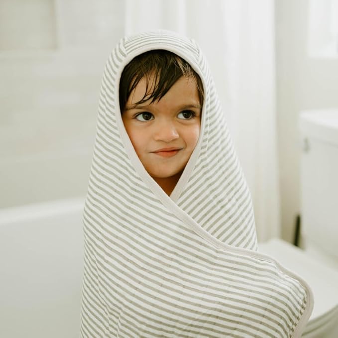 Little Unicorn Premium Hooded Bath Towel| Absorbent Cotton & Terry Blend | Larger Size, 1-6 Years (Grey Stripe)