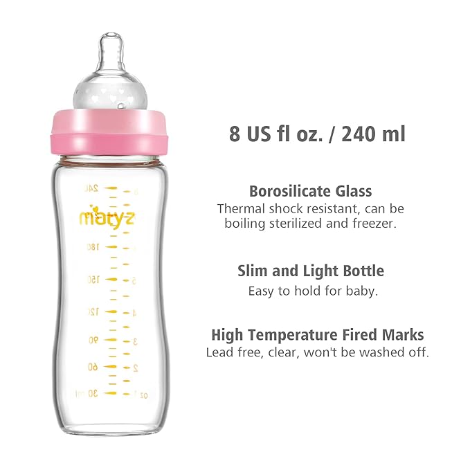 Matyz Glass Breastmilk Baby Feeding Bottle with Nipple, 2 Pack, 8 oz Slim and Light Bottle Easy to Hold, Food Grade Borosilicate Glass, Wide Neck Easy to Clean, No BPA (Pink Lids)