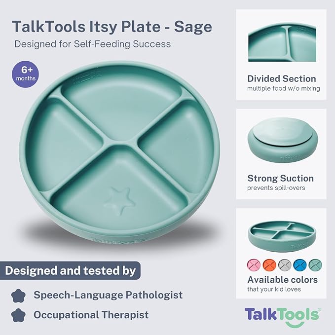 TalkTools Itsy Plate Must-Have Silicone Baby Plates with Suction | Non-Toxic Toddler Feeding Plate | Divided Portion | BPA-Free, Easy-Clean, Travel-Friendly Baby Dishware - Made in USA (Sage)