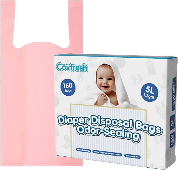 Odor Sealing Disposable Diaper Bags with Tie Handle, 160 count, Large Capacity, Unscented & Durable Diaper Trash Bags for Home & Baby Travel Use (Color:Pink)