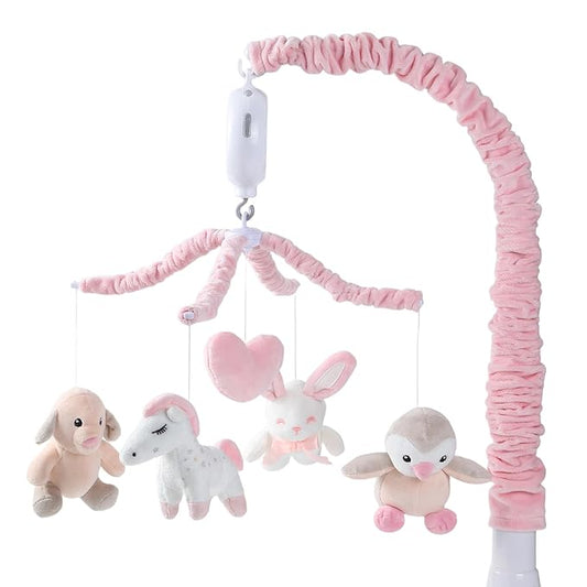 JOLLITO Crib Mobile for Girls, Soft Pink Musical Baby Crib Mobile with 12 Lullabies, Rotating Arm and Detachable Plush Animal Toys, Nursery Decor Baby Mobile for Crib Toys Bassinet