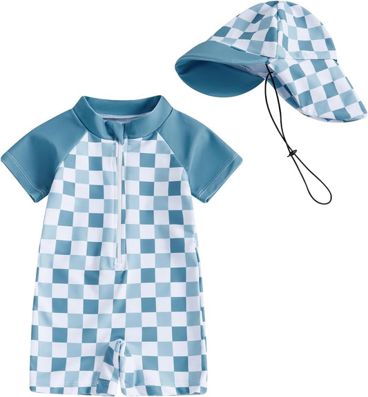 MAYUMMPY Baby Boys Girls Swimwear Casual Zipper One Pieces Rash Guard Swimsuit and Hat Beachwear Bathing Suit