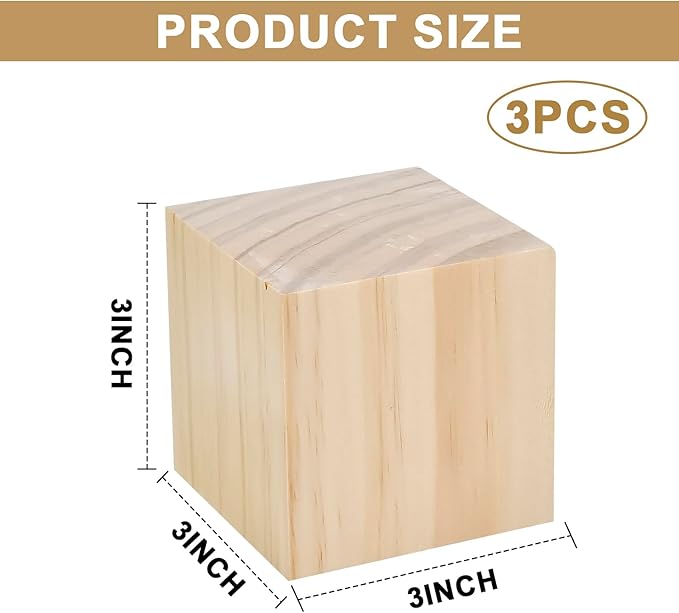 3 Inch Natural Unfinished Solid Wooden Cubes for Crafting, Carving, DIY Projects - 3 Pack Square Blocks for Puzzle Building, Art Painting & Woodworking