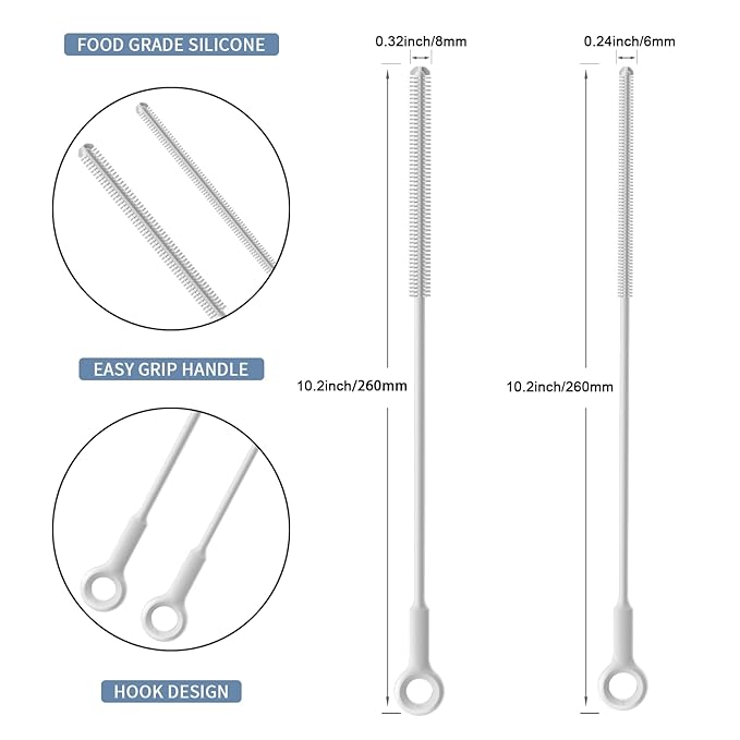 Reusable Silicone Straw Cleaner Brush Set, 2-Pack Extra Long Straw Cleaning Brush for Metal/Glass/Water Bottle/Drinking Straws, Flexible&Bendable Design, Dishwasher Safe, 6mm & 8mm Diameter