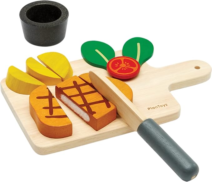 PlanToys® Wooden Steak Pretend Cooking Toy for Kids | Includes Steak, Vegetables, Knife & Tray | Eco-Friendly Montessori Play Food Set for Imaginative Kitchen Role Play