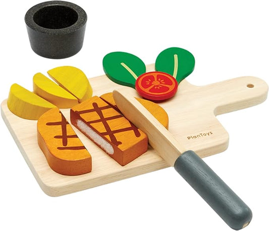 PlanToys® Wooden Steak Pretend Cooking Toy for Kids | Includes Steak, Vegetables, Knife & Tray | Eco-Friendly Montessori Play Food Set for Imaginative Kitchen Role Play