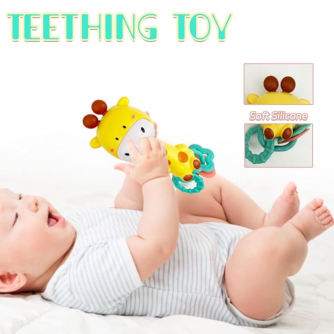 Bright Yellow Giraffe Baby Musical Rattle Toy - Light-Up Teether & Sensory Chew, BPA-Free Soft Rubber, Baby Shower & 1st Birthday Gift for 6-18 Months 1+ Year Old