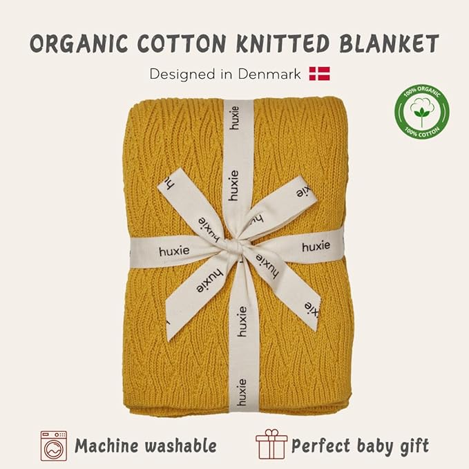Knitted Organic Cotton Baby Blanket- Swaddle Blanket, 30" x 40" Soft Receiving Blanket for Newborn (Waves-Yellow)