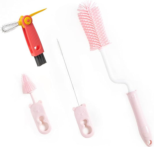 Chemimoso Silicone Spinning Bottle Cleaning Brush, 13.4in Long Handle Water Cup Bottles Cleaner for Baby Bottles, Sports Bottle, Glass Vase, Tumbler, with a Tiny Cup Lid Gap Cleaning Brush, x Pink