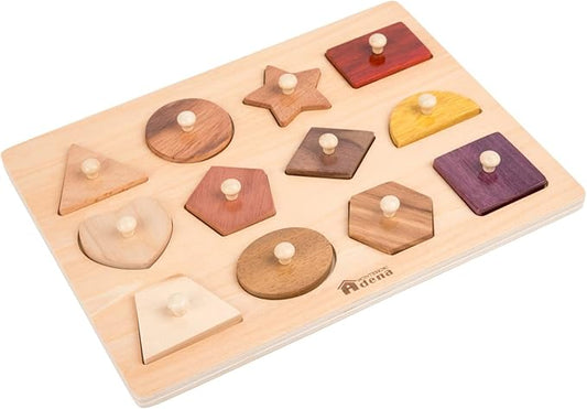 Adena Montessori Wooden Shape Peg 12 Piece of Colorful Shape Cognition Knob Puzzles Baby & Toddler Development Toy (12 Types of Materials)