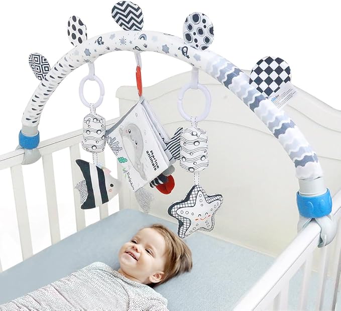 Baby Activity Travel Mobile Arch Bassinet Toy, Black and White High-Contrast Crib Toys, with Rattle and Book, Strolle,Pram and Crib Attachment with Hanging Toys (Ocean)