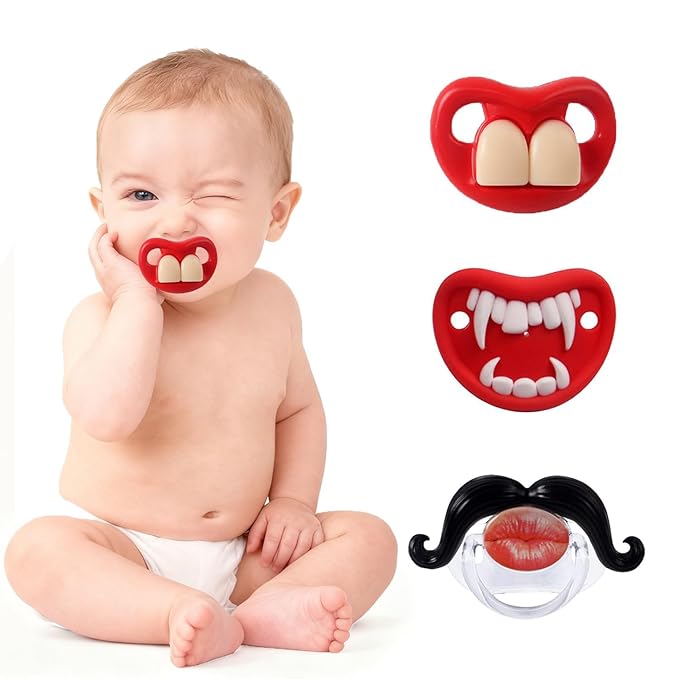 Funny Baby Pacifiers,Mustache Pacifiers for Babies 0-18 Months,Baby Teeth and Vampire Pacifier Funny Pacifiers for Boys and Girls BPA Free