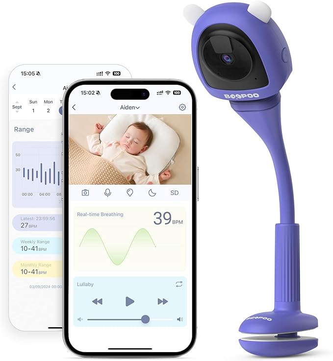 Baby Camera Monitor for AI Solution for Breathing Tracker, 2K HD Baby Monitor with Camera with Audio Video, Night Vision, Smartphone App, 2-Way Audio, Soothing Sound, No Monthly Fee Crib Mount