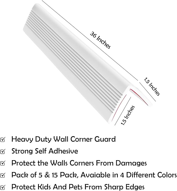 Rubber Bond Wall Corner Guard Edge Protector, Baby Proofing Corner Guards | Self-Adhesive Furniture Edge Strips for Home & Office (White, 15 Pack)
