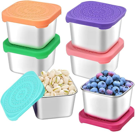6Pack 6oz Stainless Steel Snack Containers for Kids, Easy Open Leak Proof Metal Toddler Snack Containers with Silicone Lids, Stackable Metal Toddler Lunch Box for Daycare, School and Travel