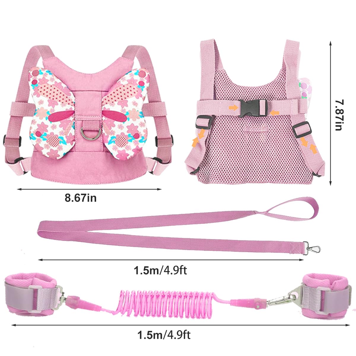 Anti Lost Toddler Harness - Butterfly Baby Leash and Wrist Link with Lock, Child Walking Harness Assistant for Girls, Cute Traction Safety Leash for Kids, Holiday Travel Christmas Gift, Pink