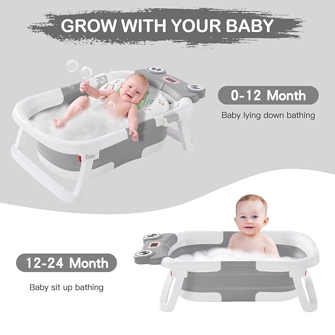 Foldable Baby Bathtub with Cushion & Water Thermometer and Drain Hole, Portable Durable Foldable Baby Bath Tub for Newborn Infants 0-36 Months (Grey)