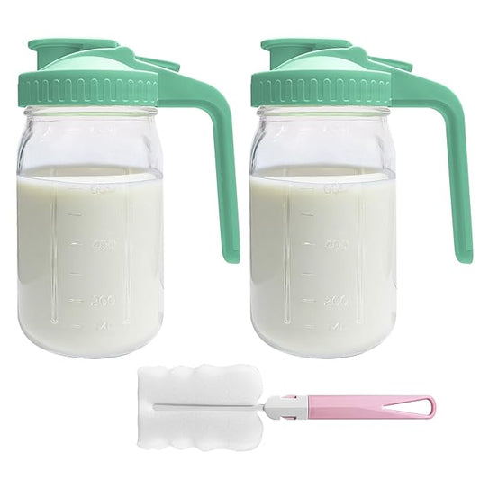 2 PACK Breast Milk Pitcher 32OZ Glass Breastmilk Pitcher with Lids Leak-proof Wide-mouth Storage Jars for Breastmilk, Resistant to Heat or Cold, Freezer-safe (Green)