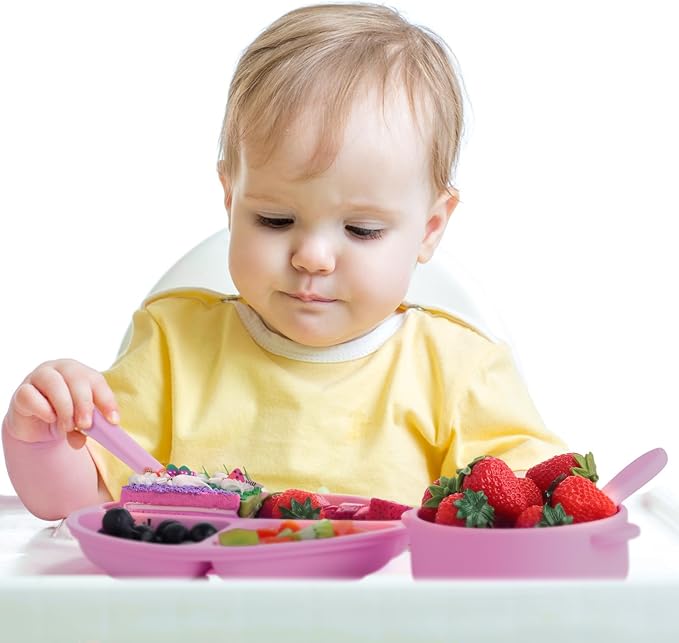 Dandat 24 Pcs Silicone Baby Feeding Set,6 Baby Toddler Suction Bowls 6 Divided Suction Plates with 6 Forks 6 Spoons, Utensils Set for Weaning Infant Feeding and Eating, 6 Styles (Elegant Color)