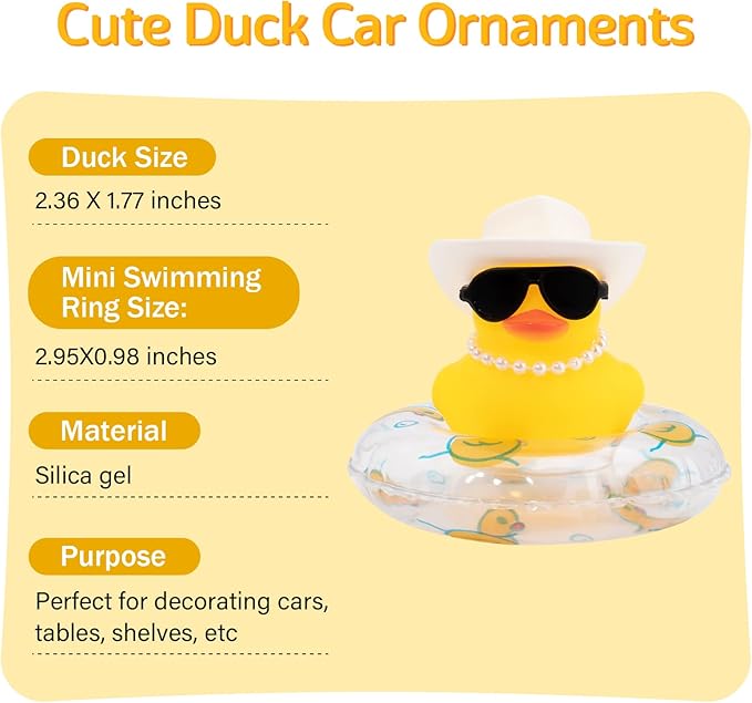 wonuu Car Rubber Duck, Yellow Duck Decoration Dashboard with Sun Hat Swim Ring Necklace Sunglasses for Car Dashboard Decorations