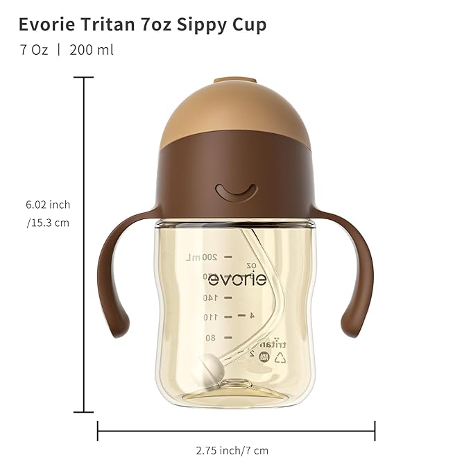 Evorie Tritan Weighted Straw Sippy Cup with Handles for Baby and Toddlers, Spill Proof Baby Water Bottle with Straw for 6 months and up, 7 Oz, Infant Training Water Bottle (Brown)