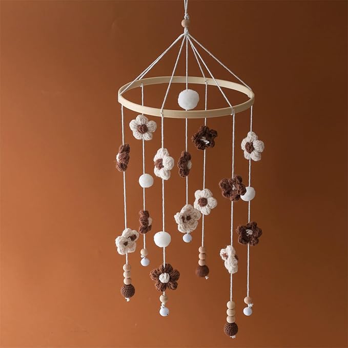 Baby Mobile for Crib - Modern Baby Mobile - Nursery Mobile for Girl or Boy - Hand-Crocheted Colourful Little Flower - Baby Crib Mobile for Boys Girls (A)