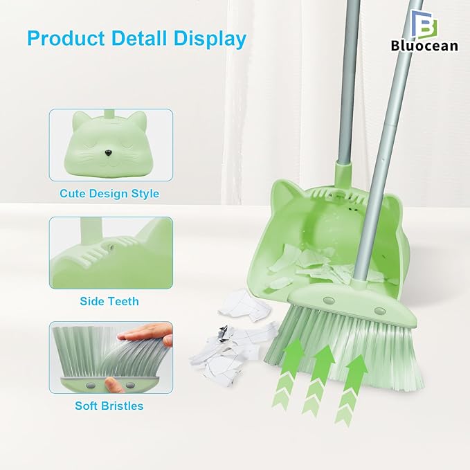 28′′ Mini Broom and Dustpan Set for Kids-Ideal Kids' Toys as Gifts, Parent-Child Interactive Cleaning Tool, Cute Cartoon Design, Household Helper for Toddlers, Small Safe Corner Broom (Green Sprout)