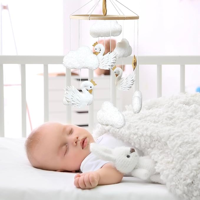 Baby Mobile White Swans with Golden Crowns Felt Clouds Baby Mobile for Crib Boys Girls Neutral Baby Gift Hanging for Nursery Decor Accessories