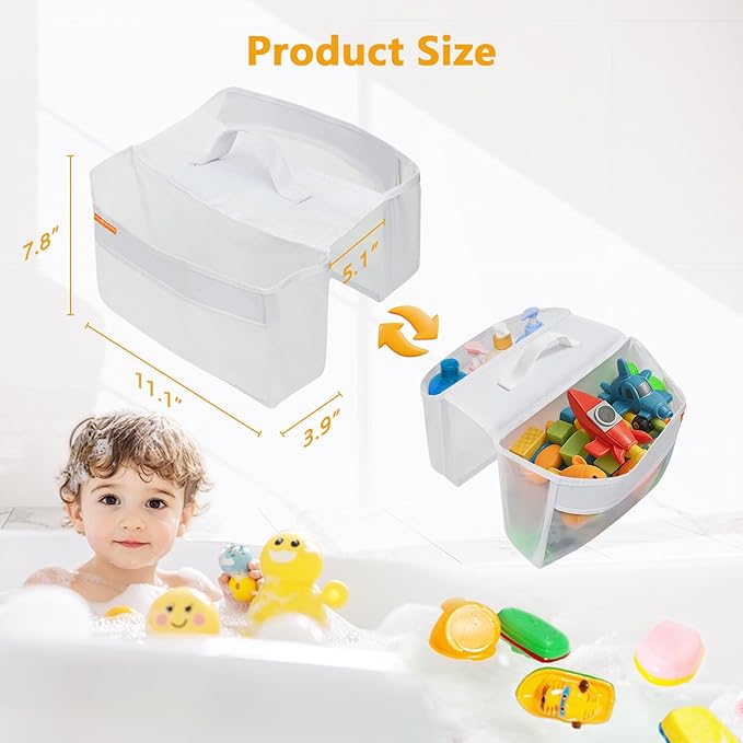 Bath Toy Organizer with 2 Pockets, Large Capacity Mesh Storage with Grip, Quick Dry, Perfect for Organizing Toys and Bath Essentials, Fits 6-Inch Tub Edges