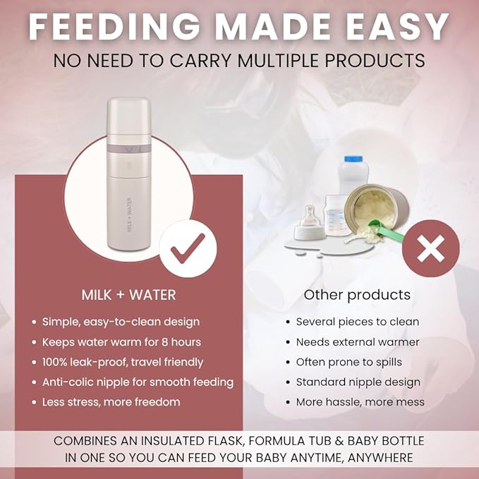 MILK & WATER All in One Baby Bottle & Baby Formula Dispenser On The Go, 9oz - Keeps Water Warm & Formula Fresh - Baby Formula Mixing Bottle with Anti Colic Nipple - Leak-Proof - 6+ Months (Pink)