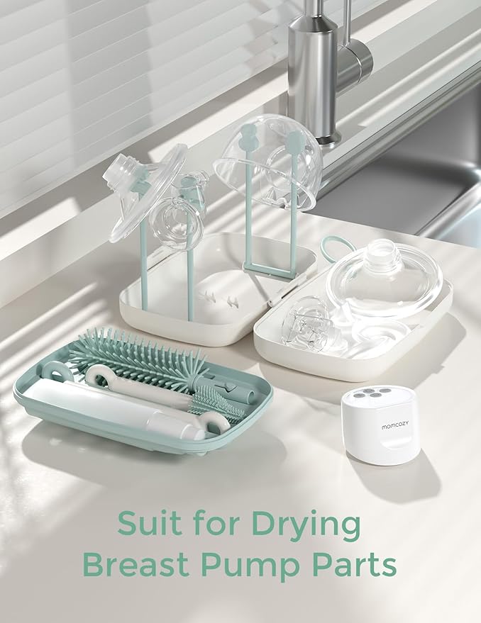 Momcozy Bottle Brush Set - Baby Bottle Cleaner Kit with Silicone Brush, Nipple Brush, Straw Brush, Soap Dispenser, Drying Rack - 7 in 1 Bottle Cleaning Tool for Home and Travel, Green